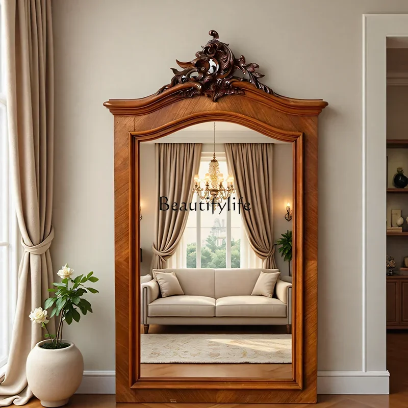 

French Retro Carved Full-Length Mirror Vintage Floor-standing Classical Dressing Mirror
