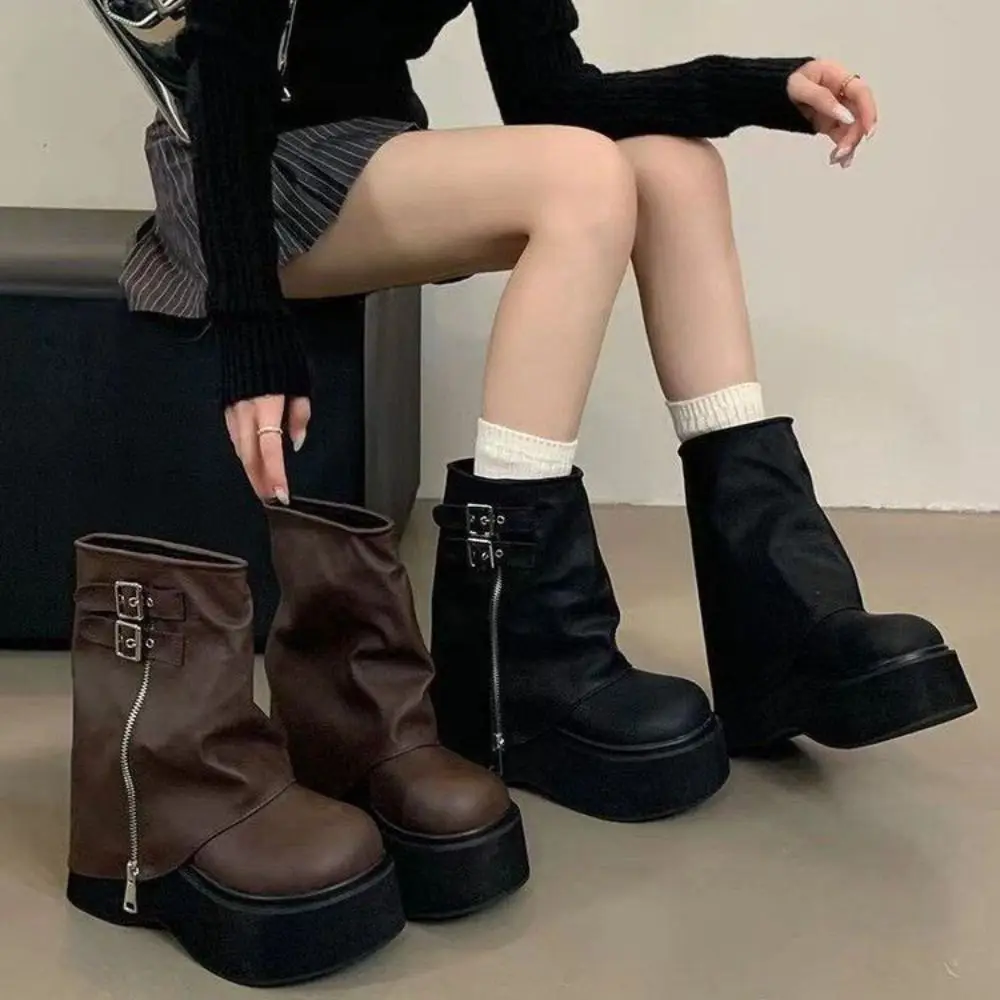 

Модные женские ботинки-байкерки с пряжкой, в стиле Y2K, панк, высокие сапоги до колена, повседневные ботинки в стиле Харадзюку, средней высоты, для женщин