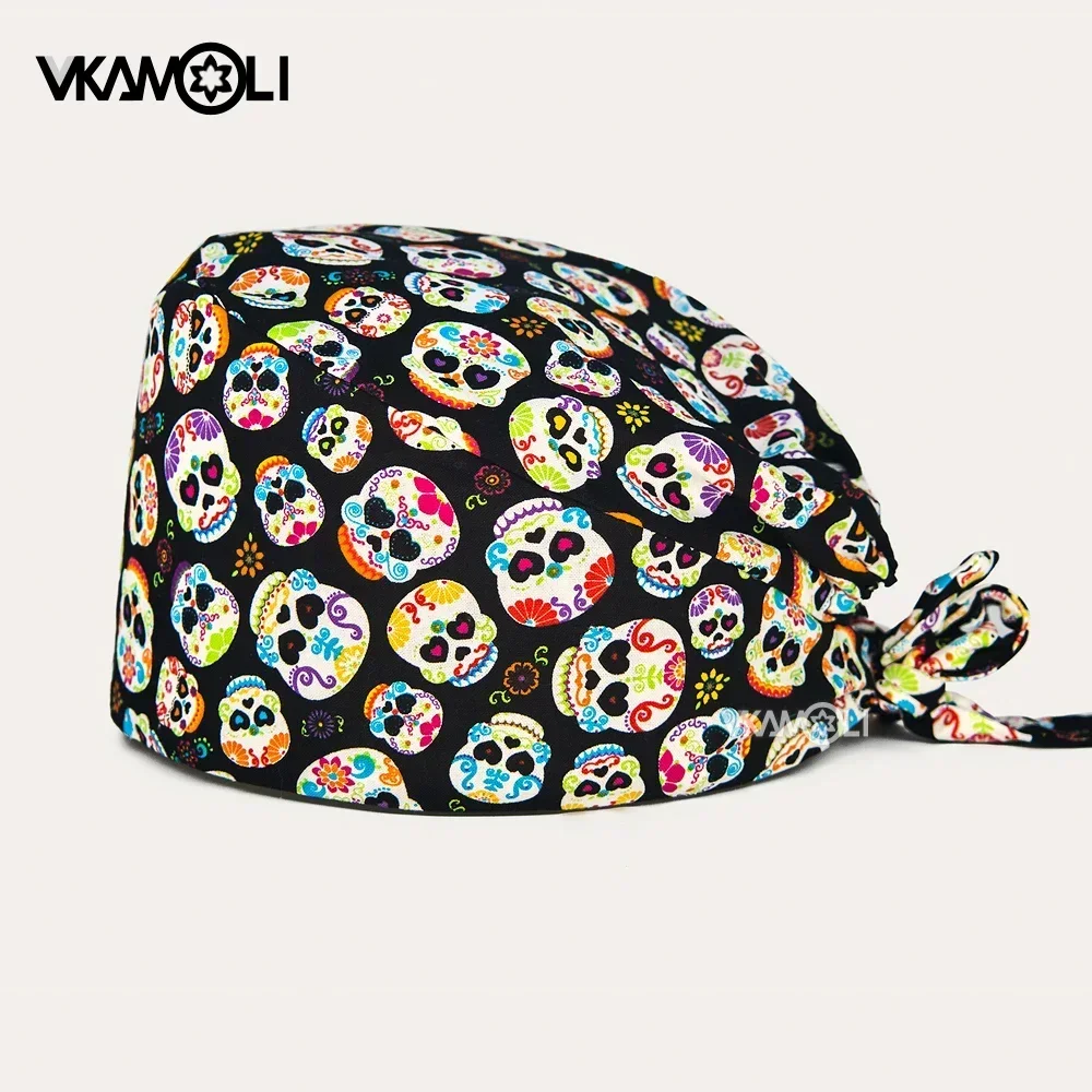 Gorros quirúrgicos ajustables para hombres y mujeres, gorros con estampado de calavera y esqueleto, gorros de trabajo para laboratorio, gorros de enfermería