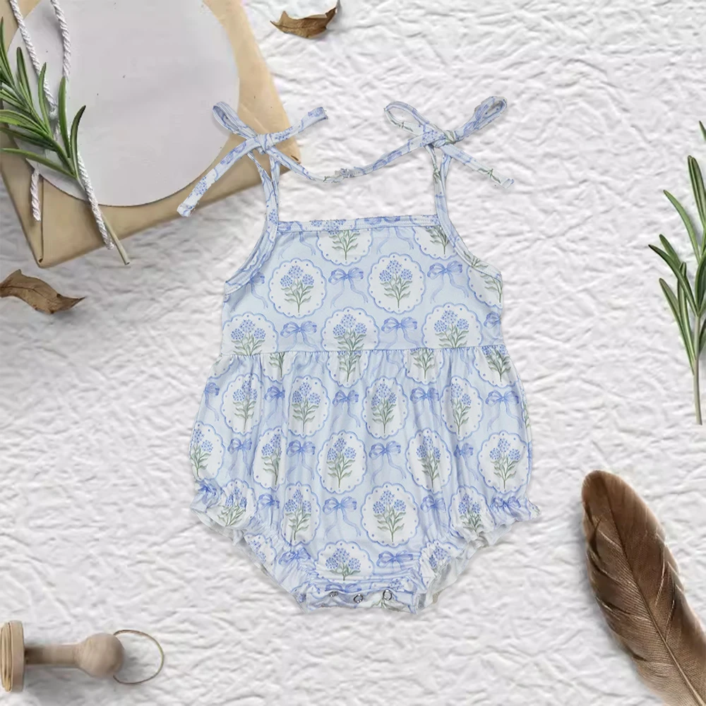 Summer Kids Jumpsuit Little Baby Blue Bows Wreath Print Boutique Clothes for Baby  Western Long Sleeve Romper