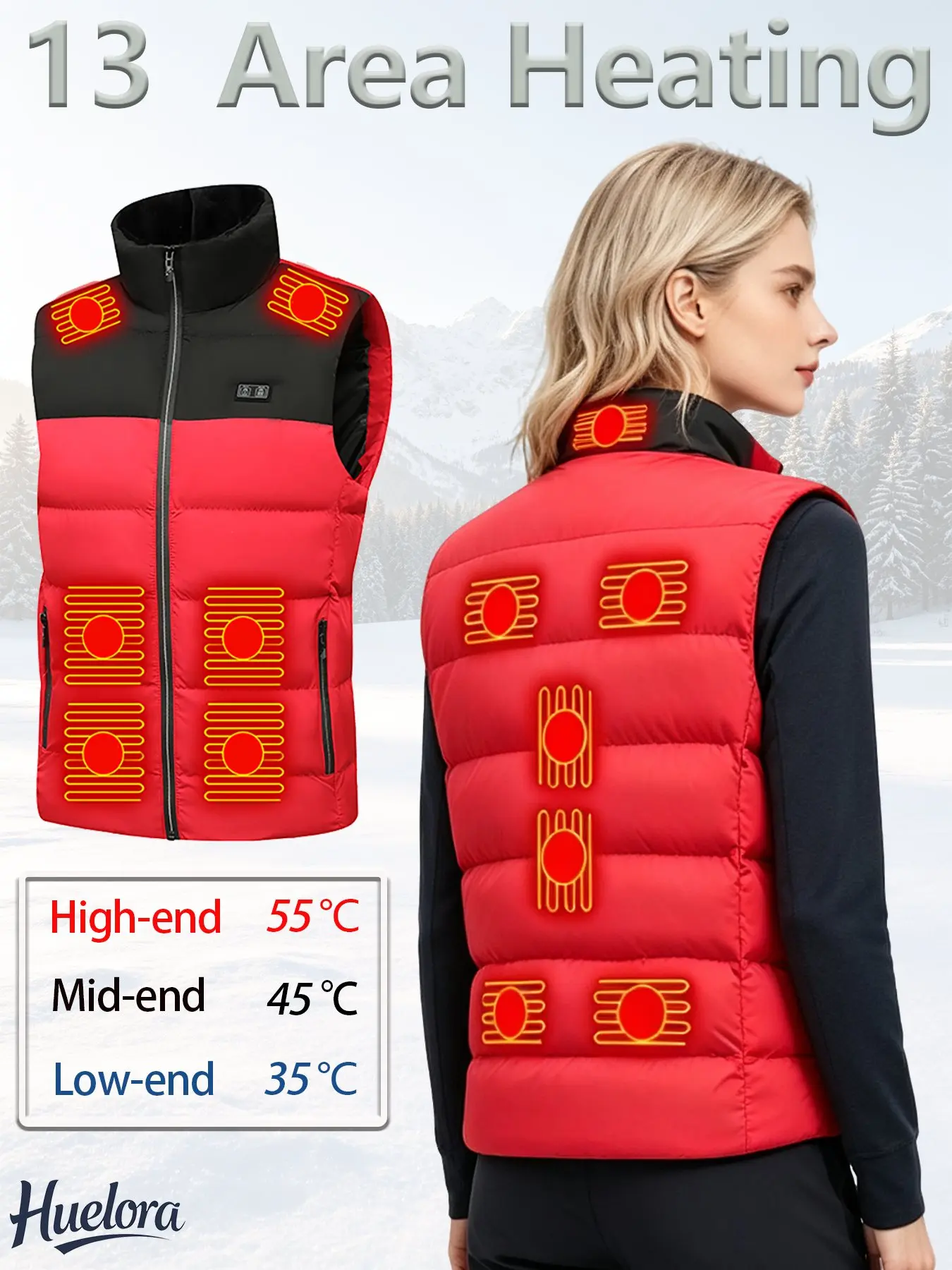 Unisex Electric Heated Vest 13 Heating Panels Dual Control Front & Back USB Powered Color Block Heating Gilet 3 Adjustable