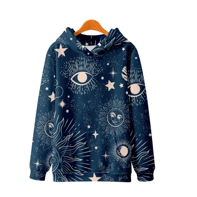 Fashion Cartoon Sun Moon Printed Blue Long Sleeve Hoodies Autumn Casual Couple Women Men Pullover Harajuku Sweatshirt