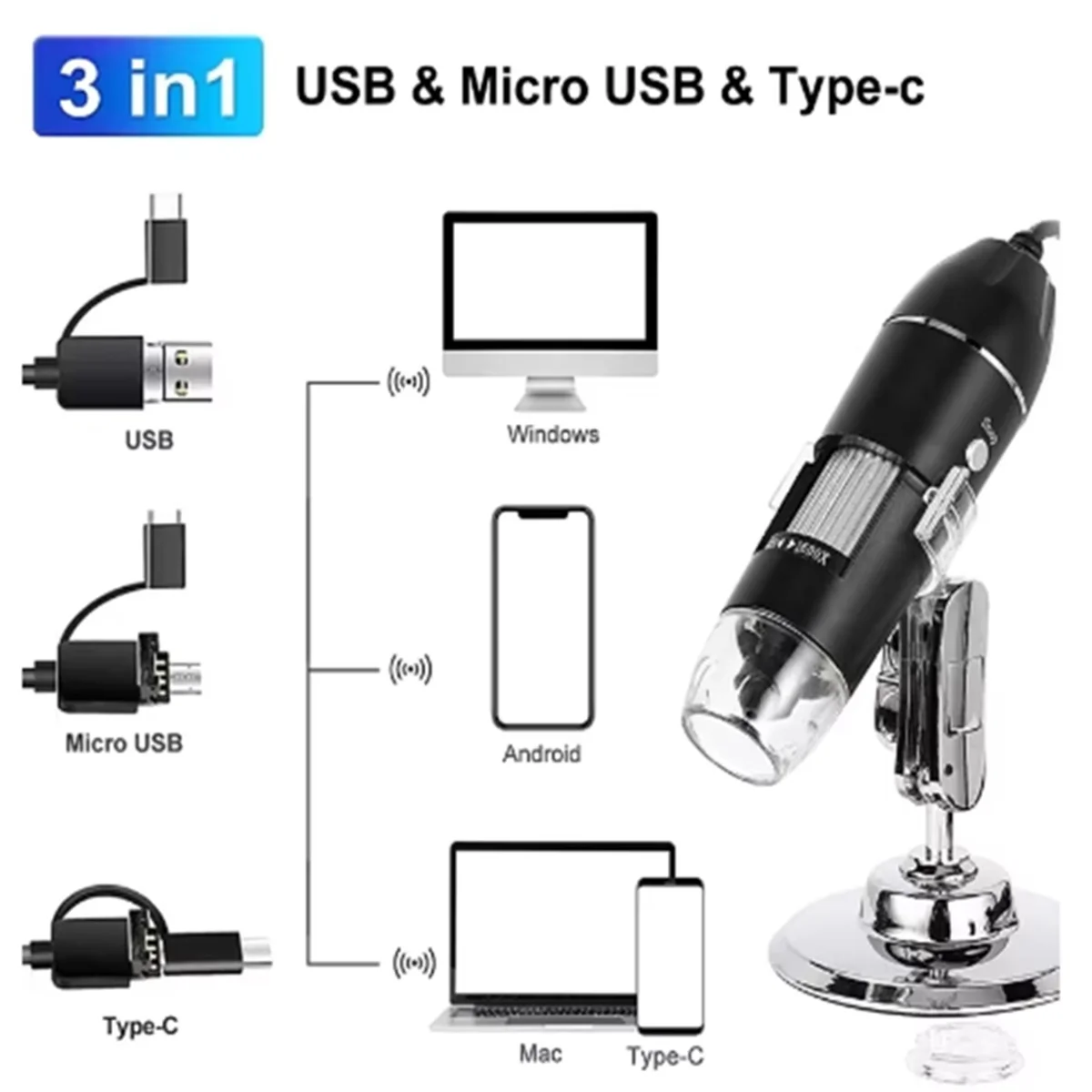 1600X 3in 1 Digital Microscope Camera Portable Electronic Scanner For Soldering LED Magnifier Type-C USB Charge Magnifier image 6