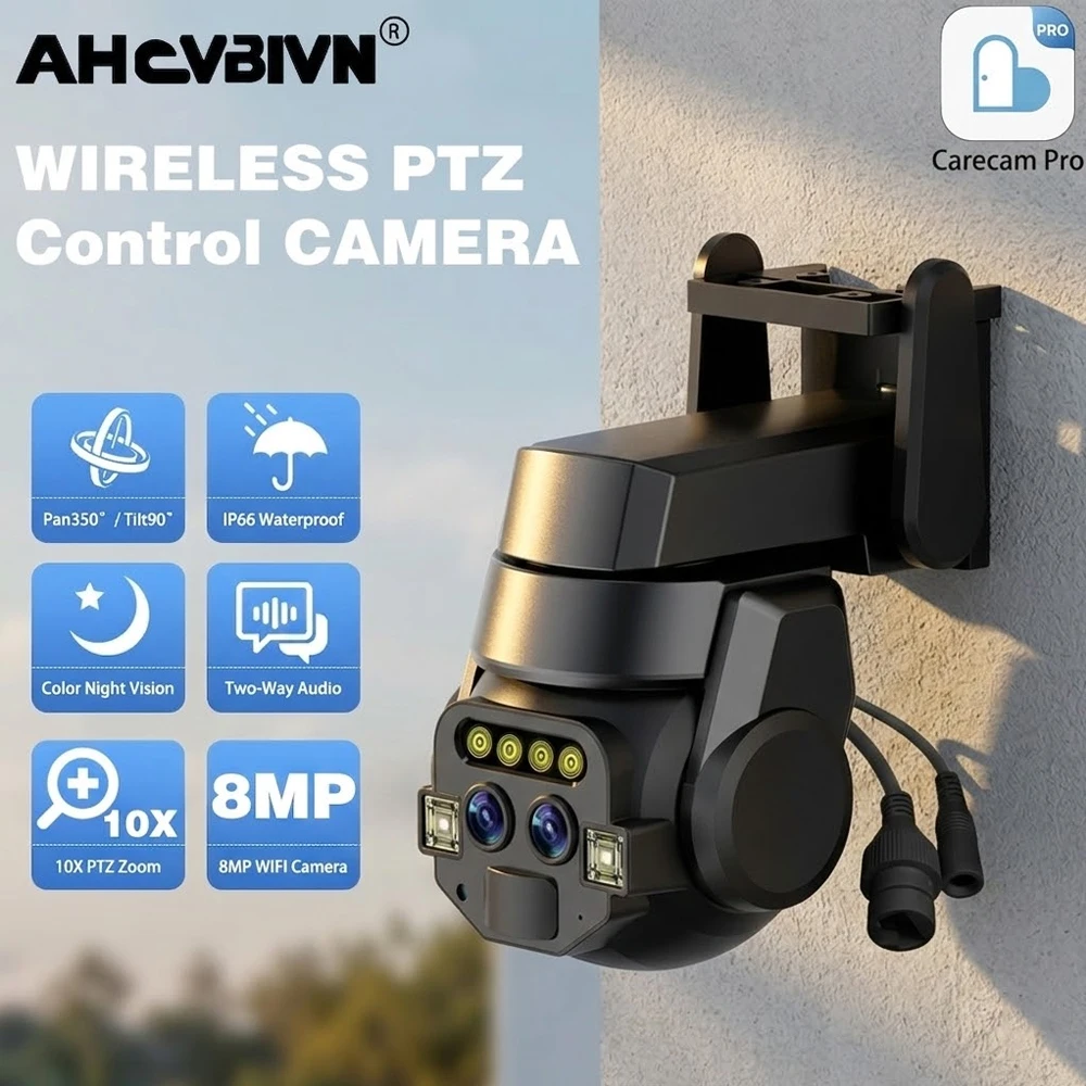 

Carecam Pro 4K 8MP Беспроводная камера с двумя объективами для обнаружения человека 10-кратный PTZ-зум Цветная камера ночного видения CCTV Интеллектуальная камера мониторинга