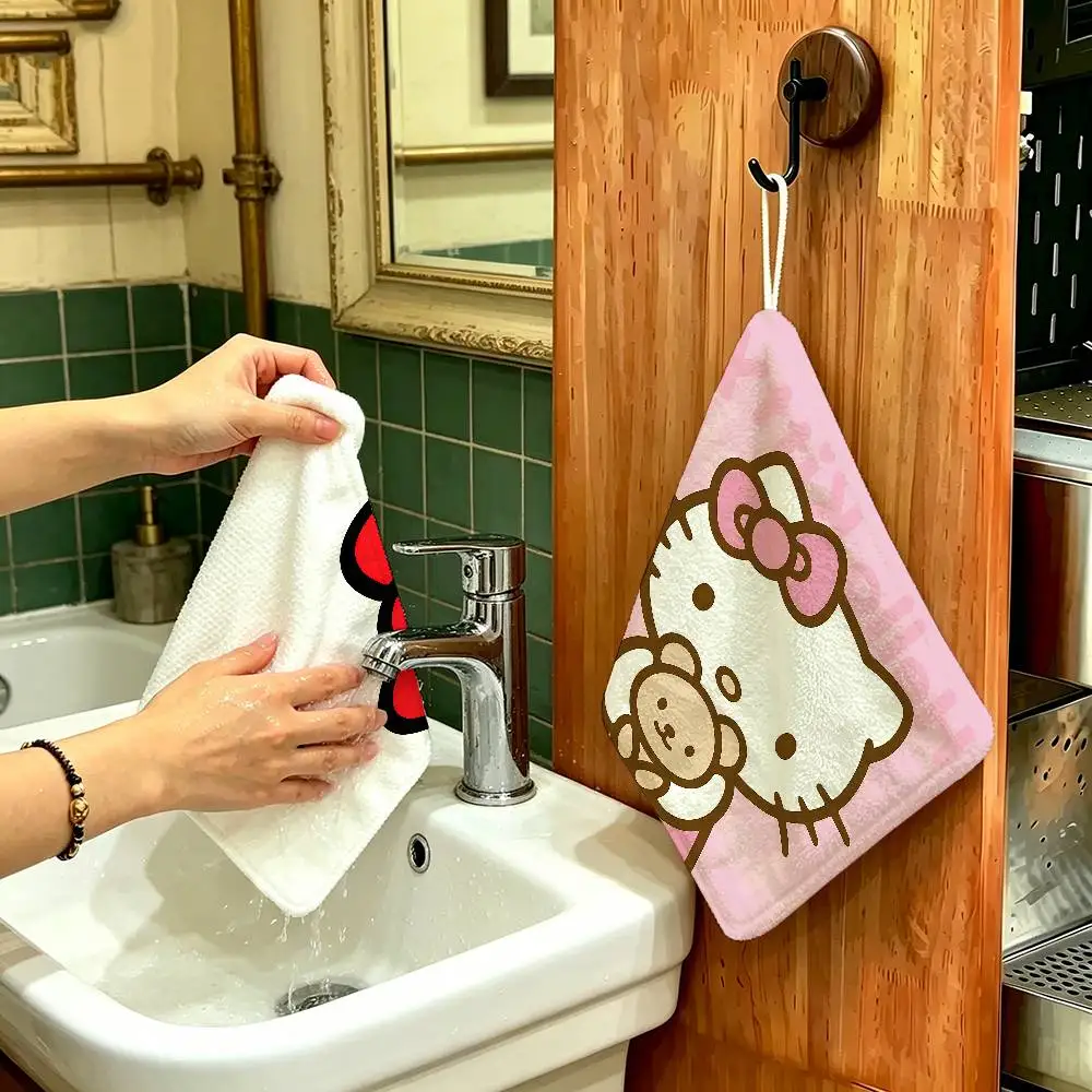 Cute H-Hello K-Kittys Hanging Design Hand Wiping Towel, Polyester Cotton Fabric, Universal for Bathroom Kitchen