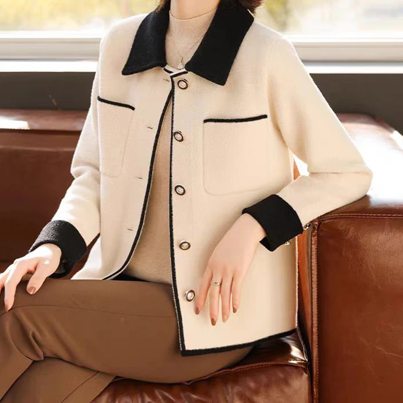 EVNISI Women Elegant Pocket Jacket  Korean Office Turn Down Collar Patchwork Tops Fashion Buttons Up Lady Casual Cardigan Coat