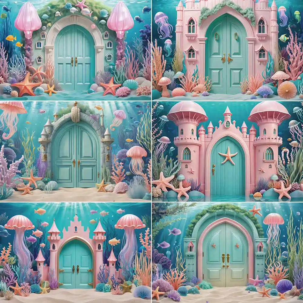 

MOON.QG Mermaid Castle Photography Backdrop Aquar Seabed Undersea Photozone Background Children Photo Studio Photozone Props