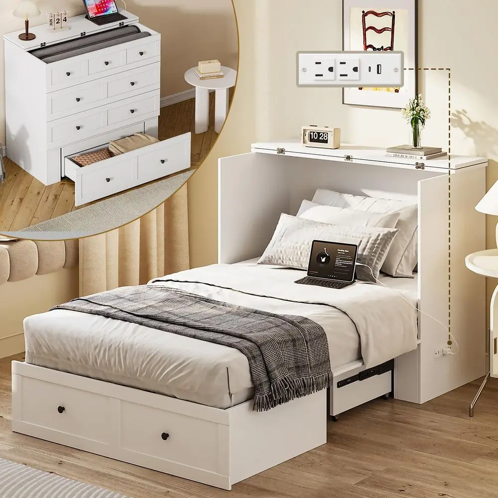 

Twin Murphy Bed with Builtin Charging Station, SpaceSaving Murphy Bed Chest Twin with Drawer, Foldable, for Home Office Guest R