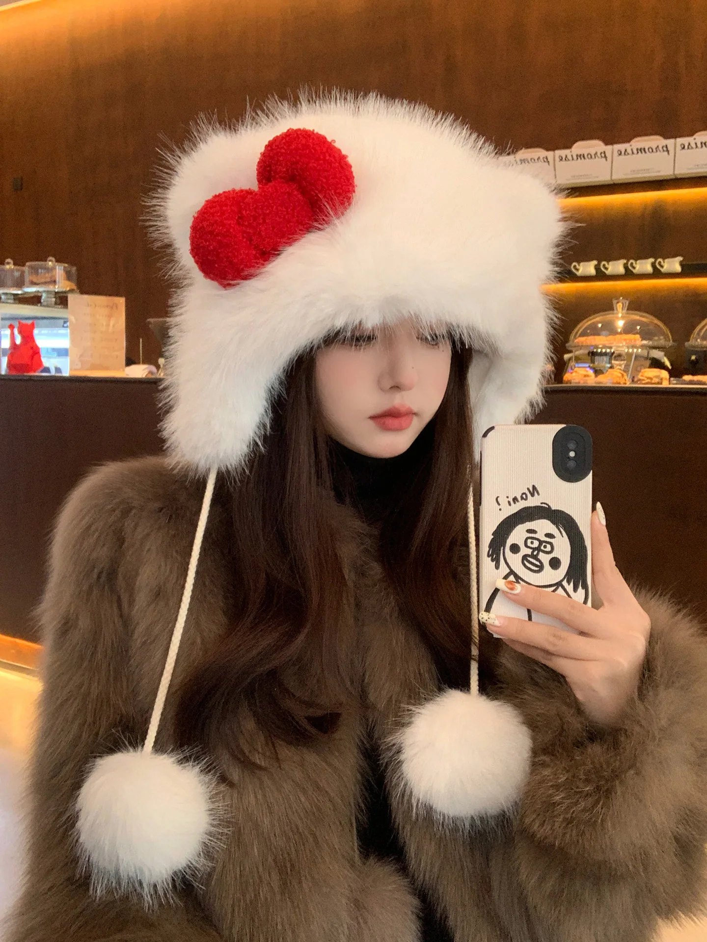 Plush thick warm hat tie Lei Feng hat sweet and cute bow KT ear protection Bao head knitted hat female trend