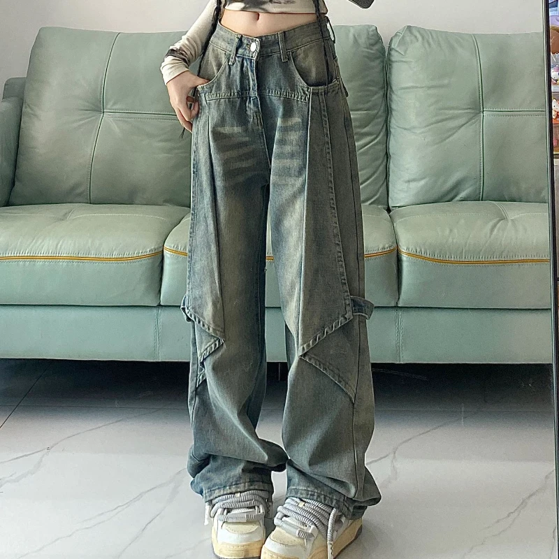 QWEEK Y2k Vintage Jeans Women High Waist Loose Straight Pants Spring Blue Spliced Casual Streetwear Fashion Denim Wide Leg Pants