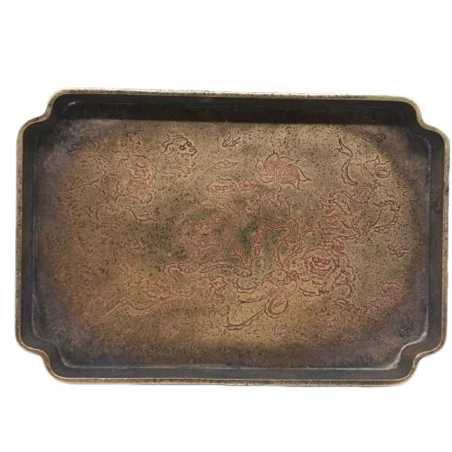 

20cm Chinese Brass Paint Painting Red Foo Fu Dog Play Ball Teaboard Tea Tray
