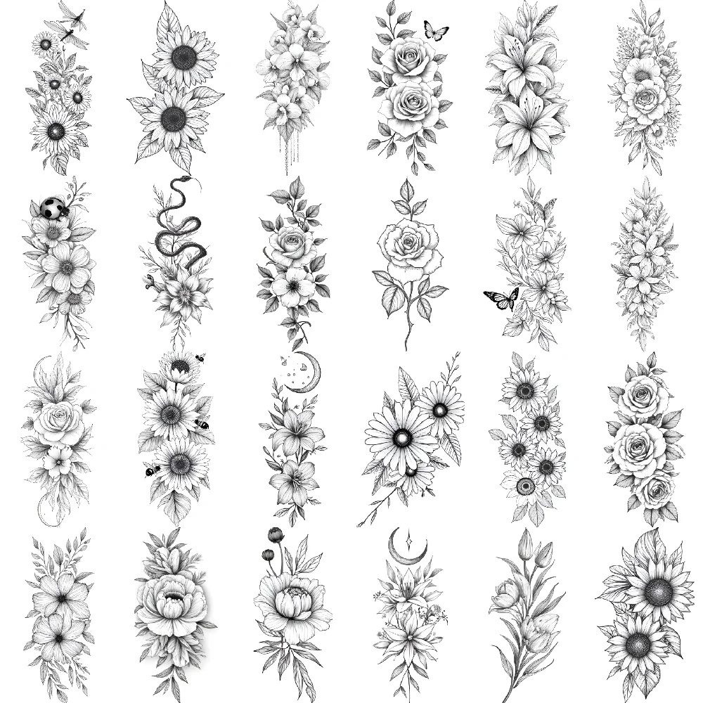 

9pcs Temporary Tattoo Rose Temporary Tattoo Stickers Tulip Leaves Line Art Sunflower For Back Arms Shoulders