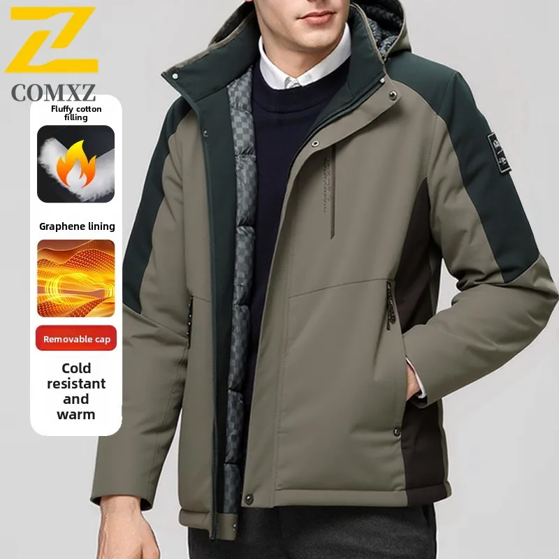 

Мужская хлопковая куртка, новинка 2025 года, утепленная теплая и съемная шапка с графеном, пальто-парка, уличная повседневная зимняя хлопковая куртка с перьями