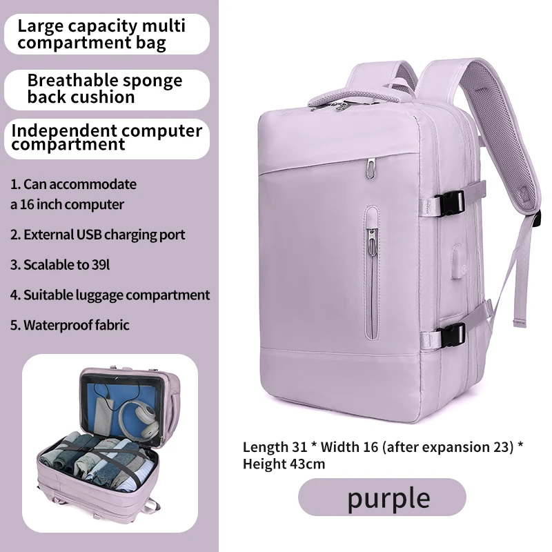 Mochila para laptop de viagem 35L, unissex, à prova d'água, adequada para laptops de 17,3 polegadas, com porta de carregamento USB