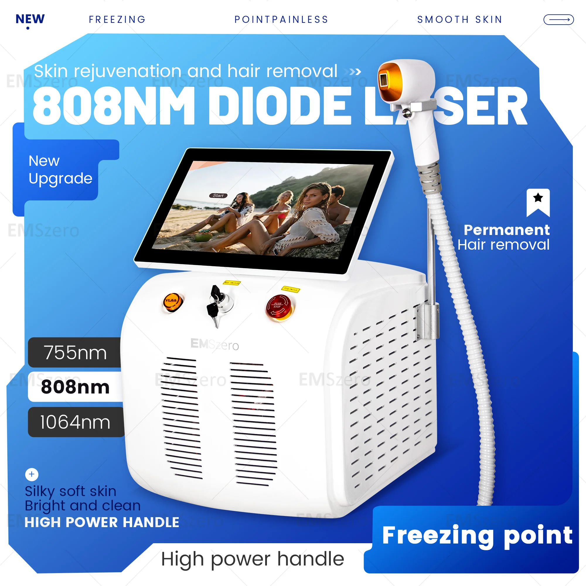 Professional Diode Ice Titanium  Hair Removal Machine Portable 808 755 1064 Alexandrite Device 3 Waves10 Target Strips 808n