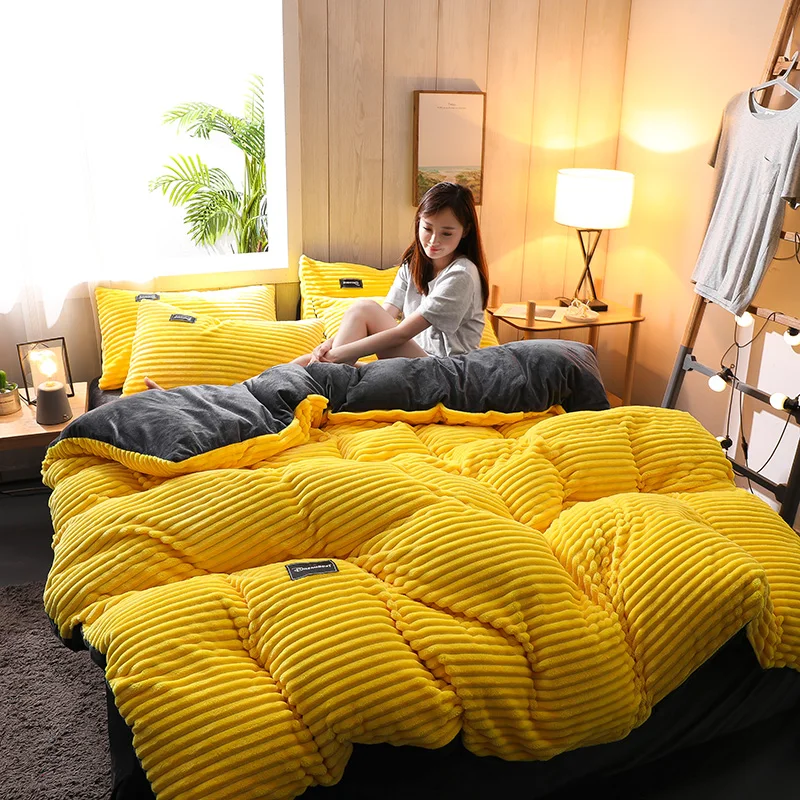 Funda de edredón de terciopelo de color amarillo, juego de cama grueso y cálido para invierno, funda de edredón doble, funda de edredón tamaño Queen King, 200 × 230 cm
