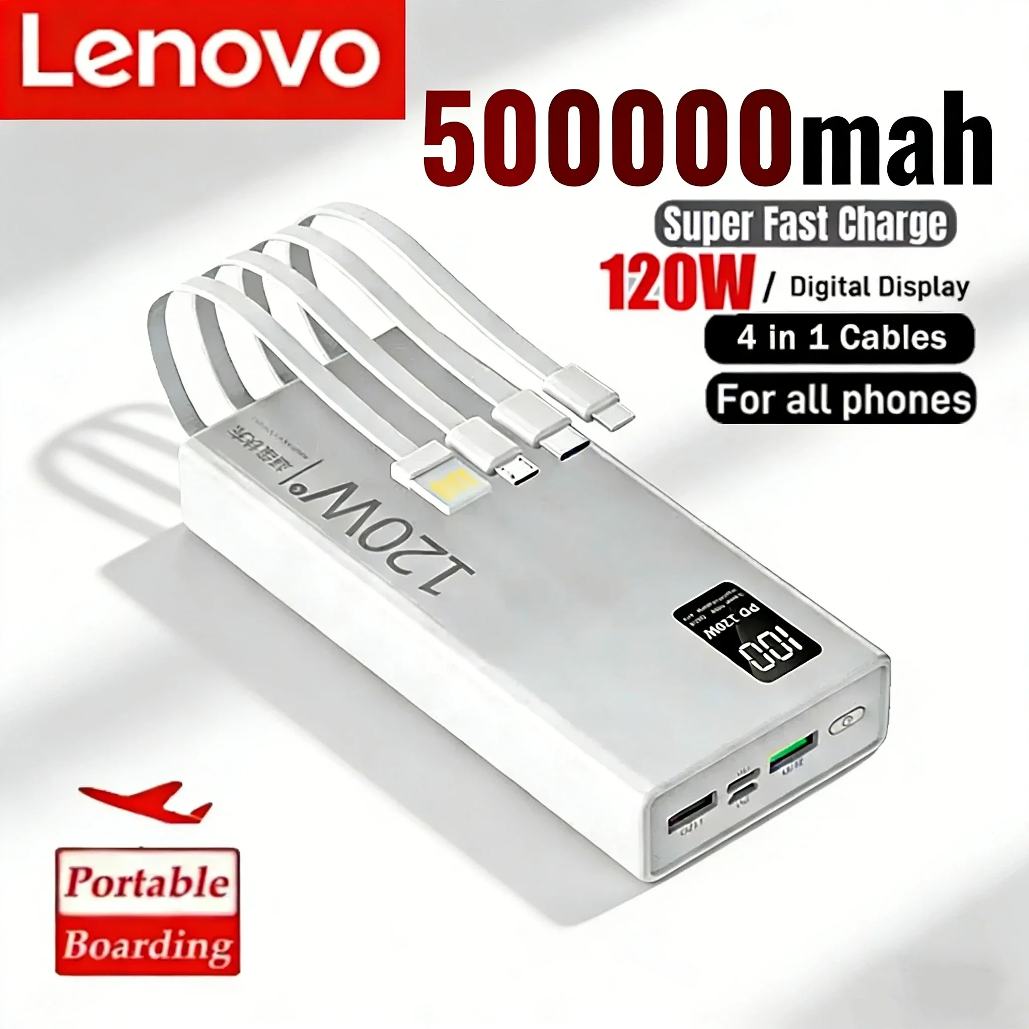 

Портативное зарядное устройство Lenovo 120W Power Bank 200000 мАч, высокая емкость, быстрая зарядка, с портативными кабелями 4-в-1, портативное зарядное устройство для iPhone Samsung