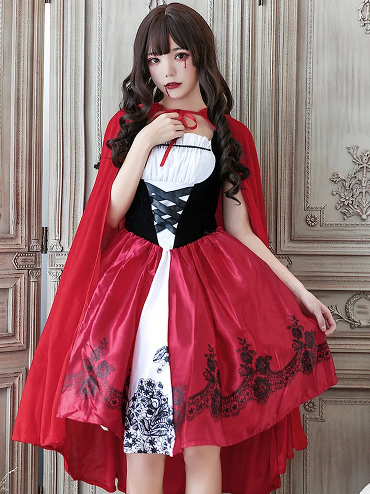 Fantasia de halloween para mulheres adultas, chapeuzinho vermelho, performance, bruxa, príncipes, saia, furador, dramatização, roupa de palco