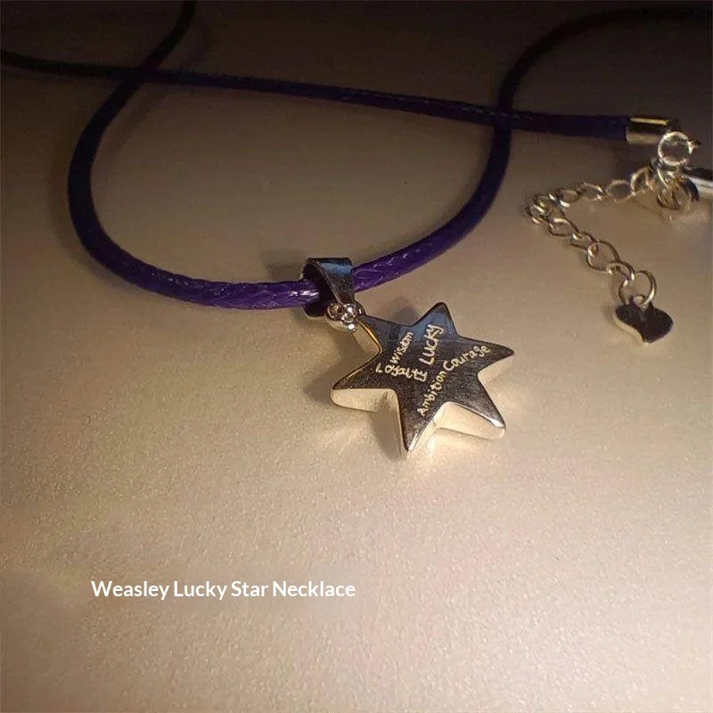 Cadena para suéter de cuero morado inspirada en la Estrella de la Suerte de los Gemelos Weasley, regalo para amigos, uso diario para fanáticos de Harry Potter
