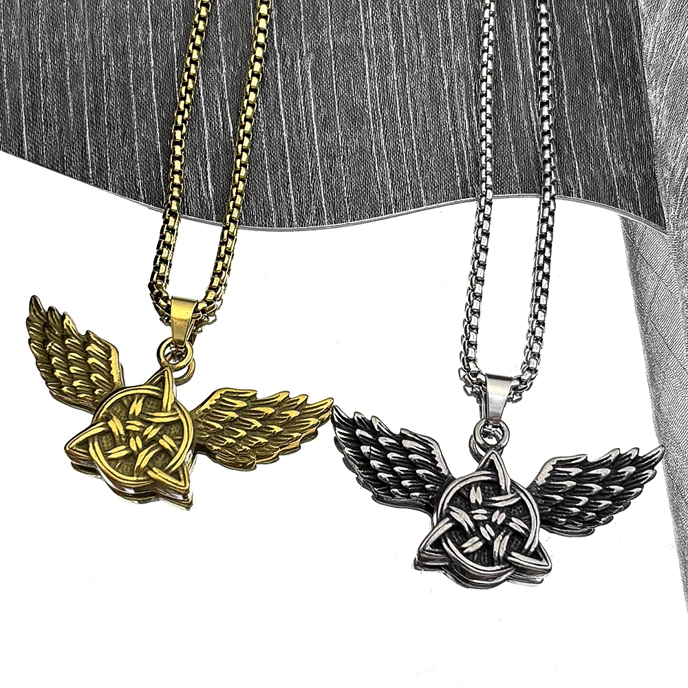 

Witch Triquetra Trinity Celtic Knot Angel Wing Pendant Necklace for Women Men Stainless Steel Gold Color Chain Necklace Jewelry