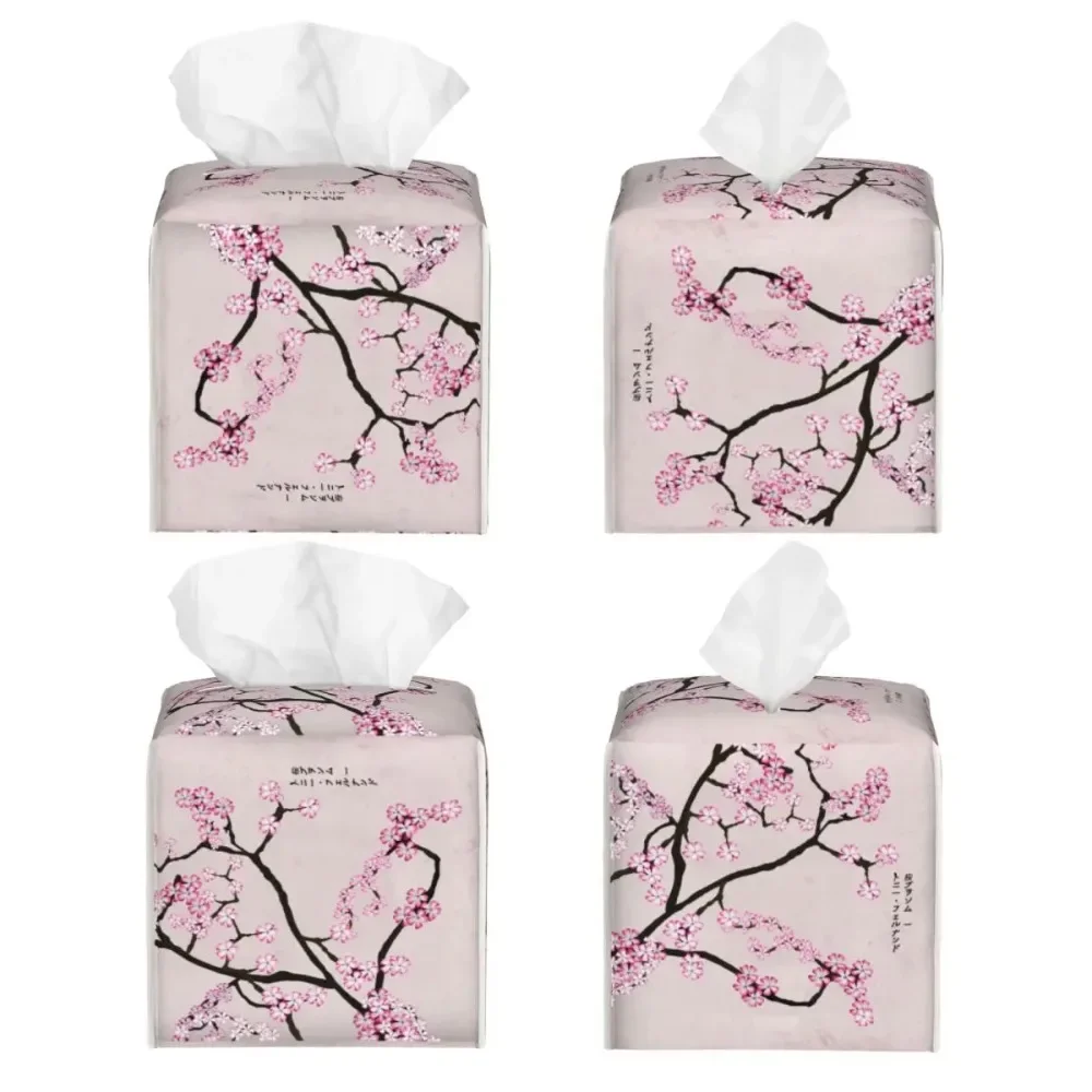 Custom Pink Floral Cherry Blossom Tissue Box Cover Leather Square Japanese Sakura Flower Facial Tissues Holder for Home