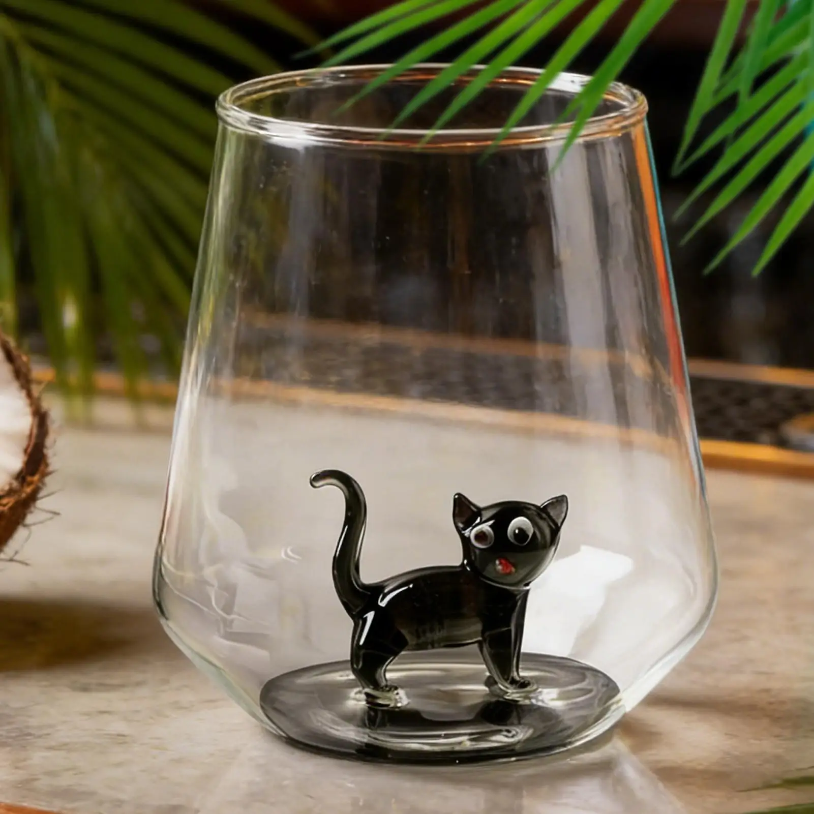 Adorable Cat Glass Coffee Mug 3D Cat-Shaped Handleless Wine Glass Teacup Glass Mugs Carton Animal Milk Glass Breakfast Milk Cup