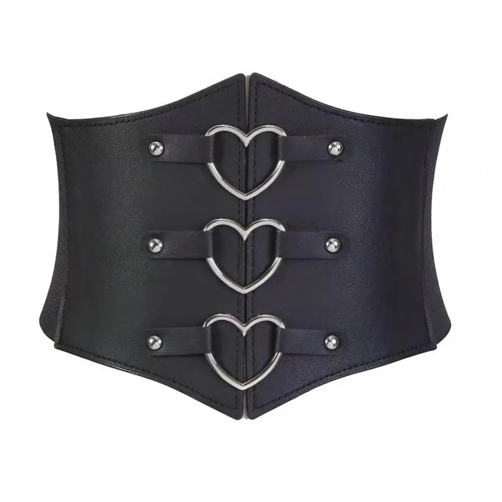 Women PU Leather Harness Belt Gothic Style with Three Heart-shaped Decorative Buckles Punk Belt Exotic Fashion Waist Accessory