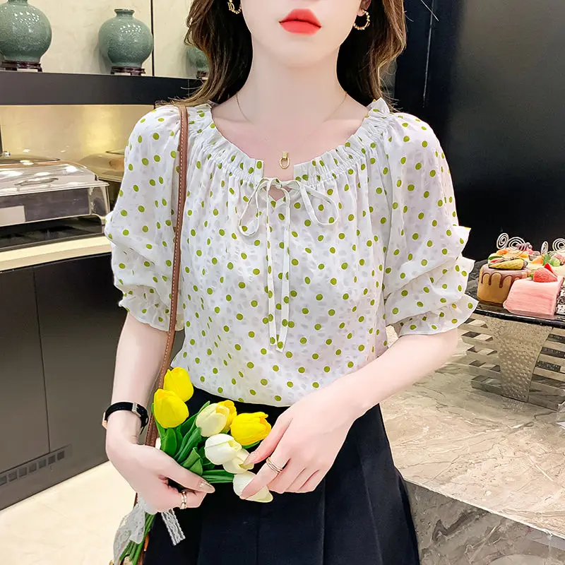 Women Summer Fashion Loose Polka Dot O-neck Short Sleeve Chiffon Shirt Ladies Casual All-match Appear Thin Lacing Trend Tops