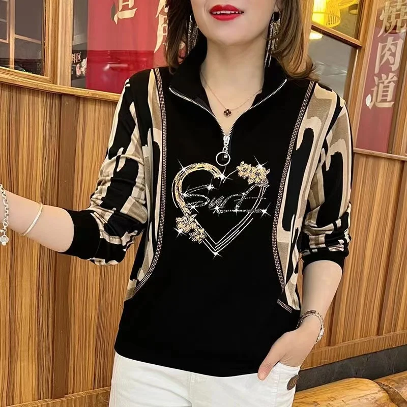 2024 New Diamond Stamping Fashion Female Tops Zipper O-neck Long Sleeve Women Pullovers Autumn Winter Streetwear Y2k Trendy Top