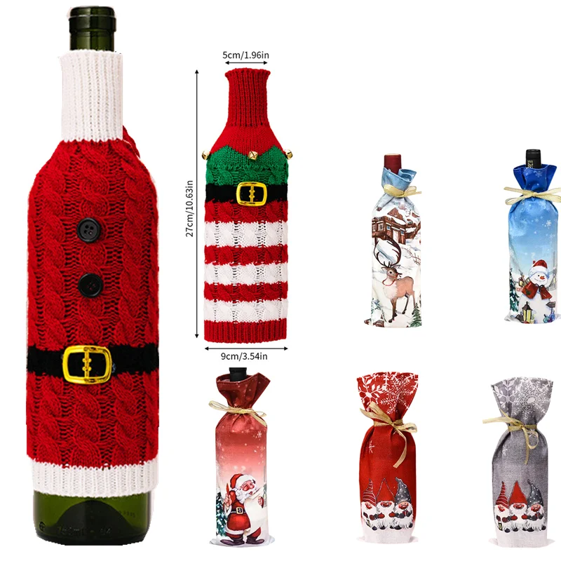 Christmas Wine Bottle Cover Set Santa Snowman Woven Wine Bottle Bags For Christmas Party Dinner Table Decorations New Year Gifts