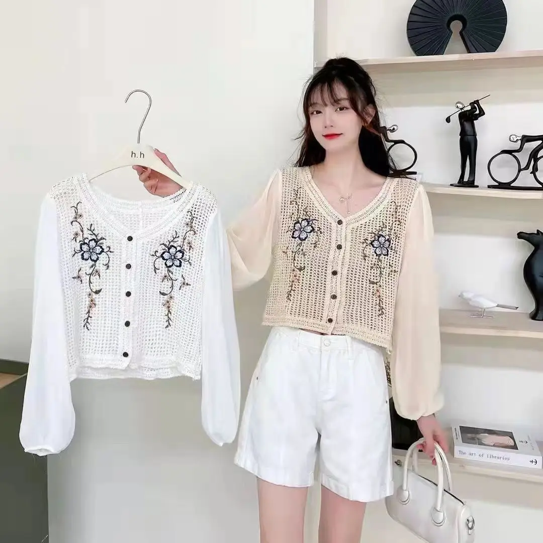 OUMEA Women Crochet Blouse Chiffon Sleeve Casual Crop Tops Floral Embroidery Knit Cotton Tops With Buttons Chic Beach Cover Up