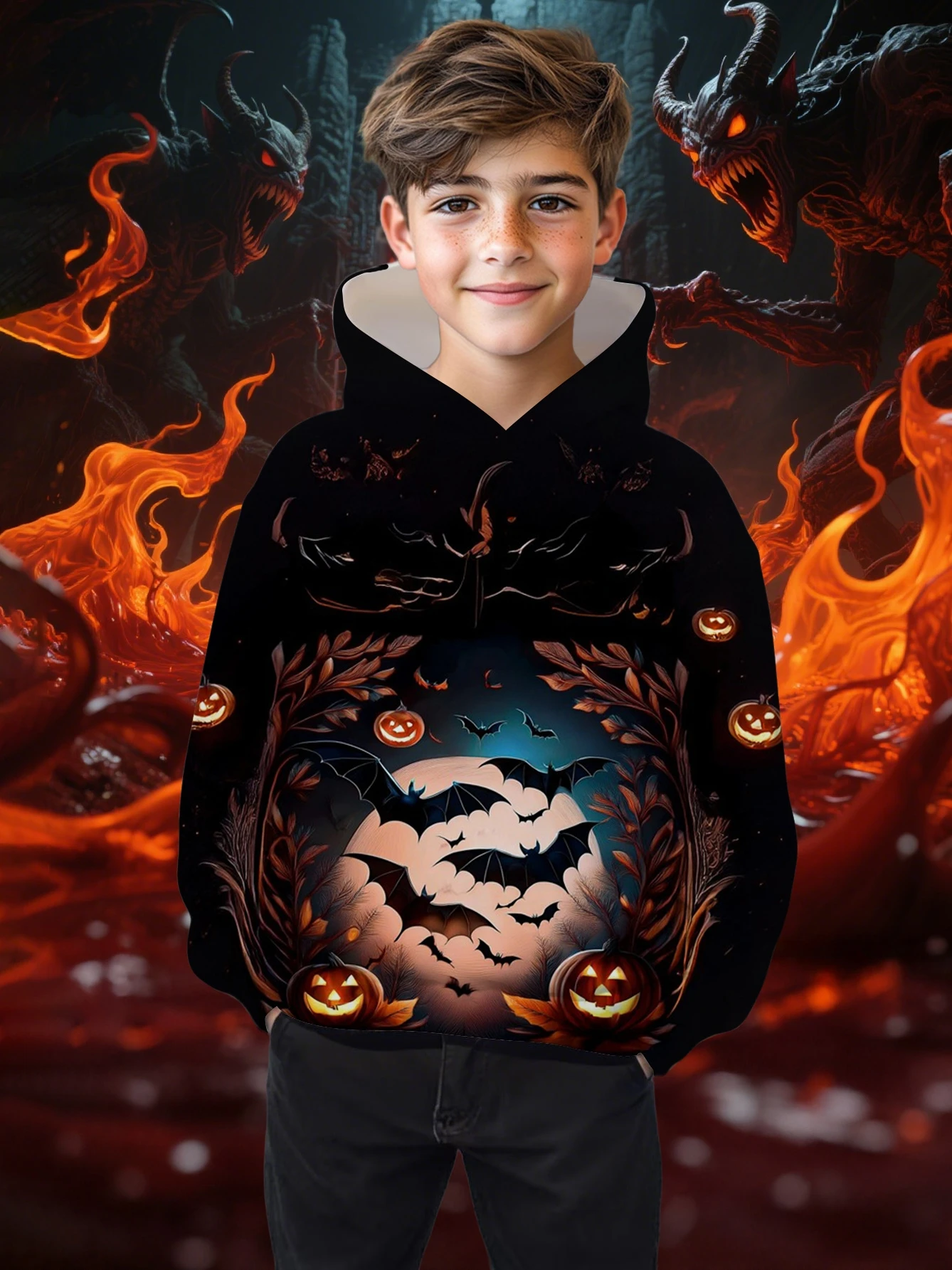 

Boy Clothes Funny Terror Pumpkin Long Sleeve Hoodies Child Cartoon Halloween Thin Sweatshirt Tops Halloween Gift for Boys Girls
