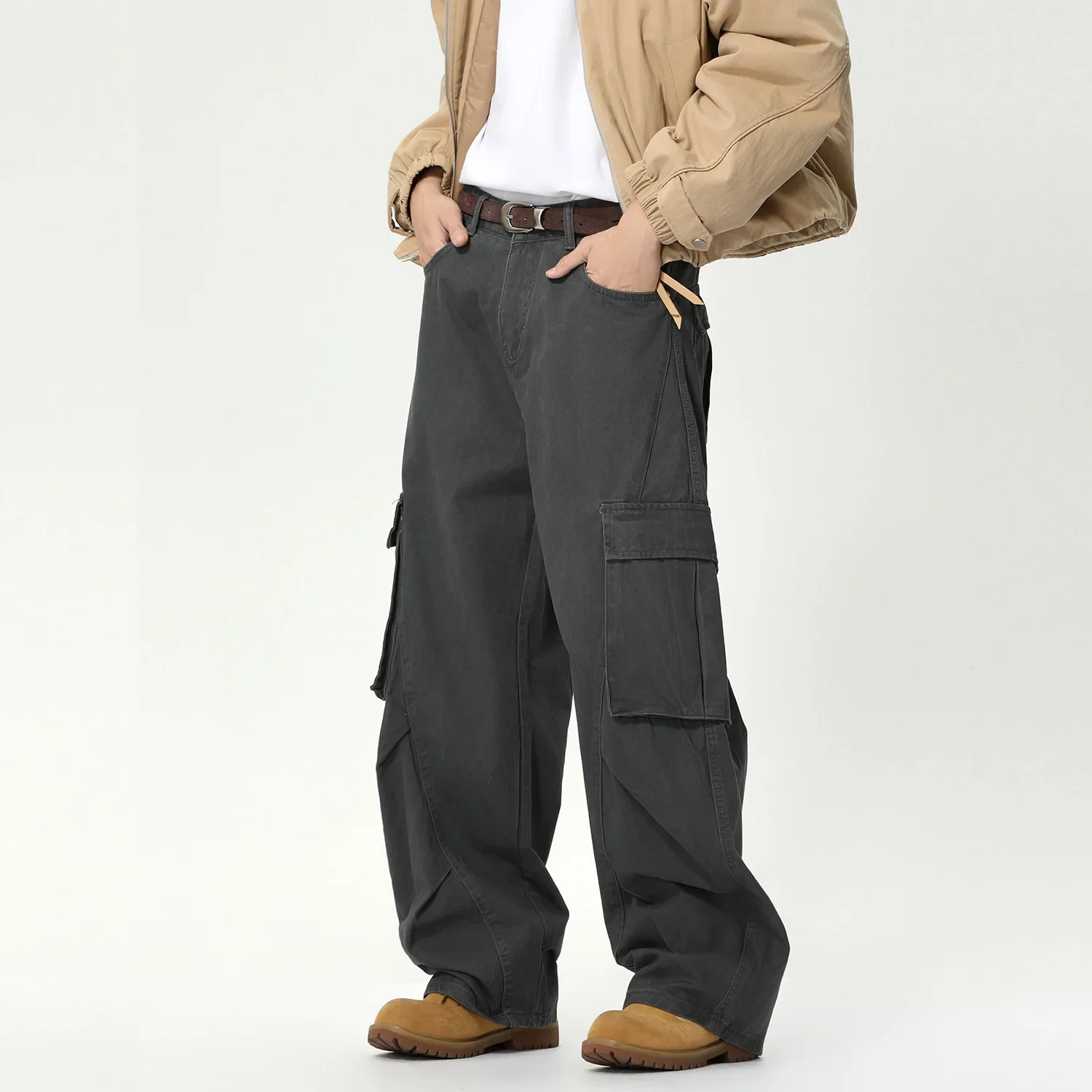 American High Street Fashion Men's Solid Color Loose Casual Trendy Simple Basic Wide Leg Straight Multi Pocket Denim Trousers