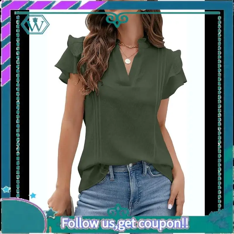 

A09P Womens Dressy Casual Tops Ruffle Short Sleeve V Neck Shirts Elegant Business Work Blouse