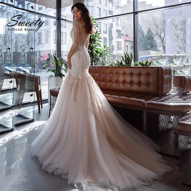 Vestido De Novia De lujo De Organza con cuentas bordadas, vestidos De sirena con cuello redondo y manga larga, Vestido De Novia personalizado con botones