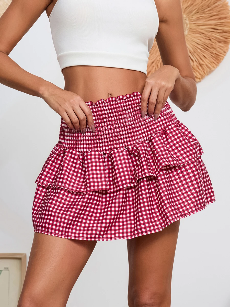 

New Fashion Women Layered Mini Skirts Casual Summer Plaid Print Elastic High Waist Skirt For Beach Vacation Club Streetwear S-XL