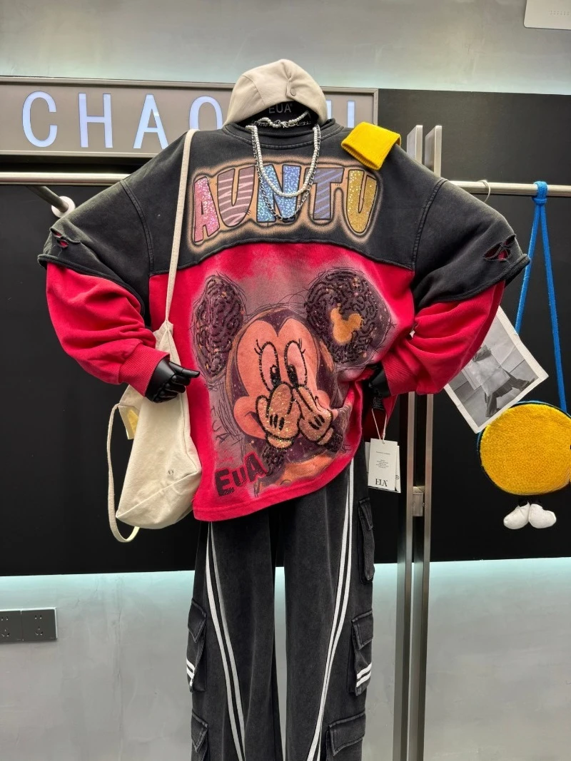 Heavy Industry Color Block Cartoon Sweatshirt Women's Loose Casual Slimming Top 2025 Autumn New Long Sleeves Pullover Sudaderas