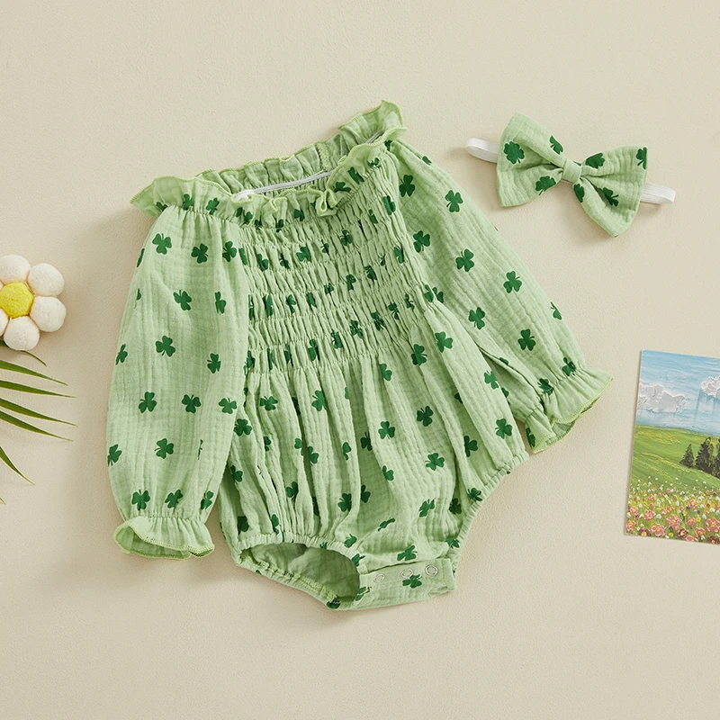 Adorable Baby Girl Set Stylish Long Sleeve Off-shoulder Romper with Shamrock Print and Matching Hairband for Autumn Fashion