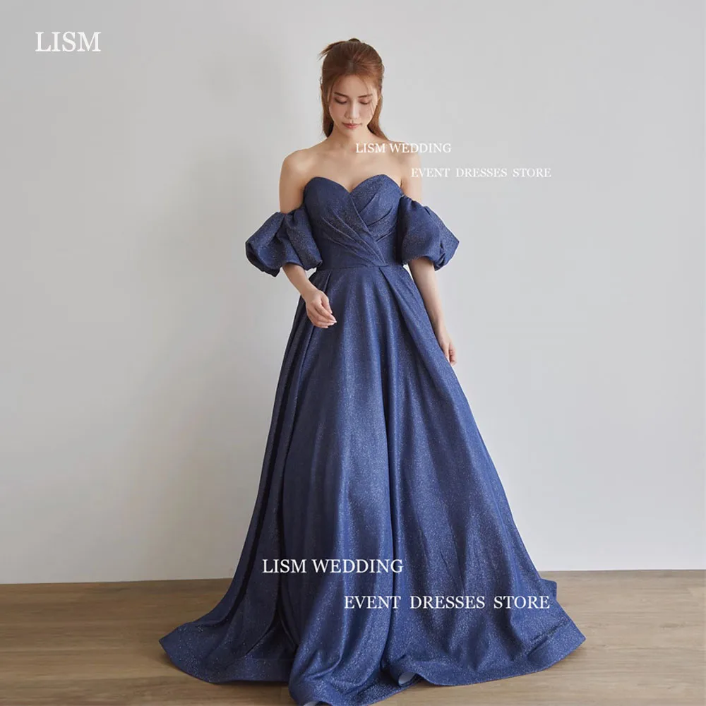 

LISM Sparkly Navy Blue A-Line Evening Dresses Korea Women Photo Shoot Sweetheart Off The Shoulder Long Formal Occasion Dress