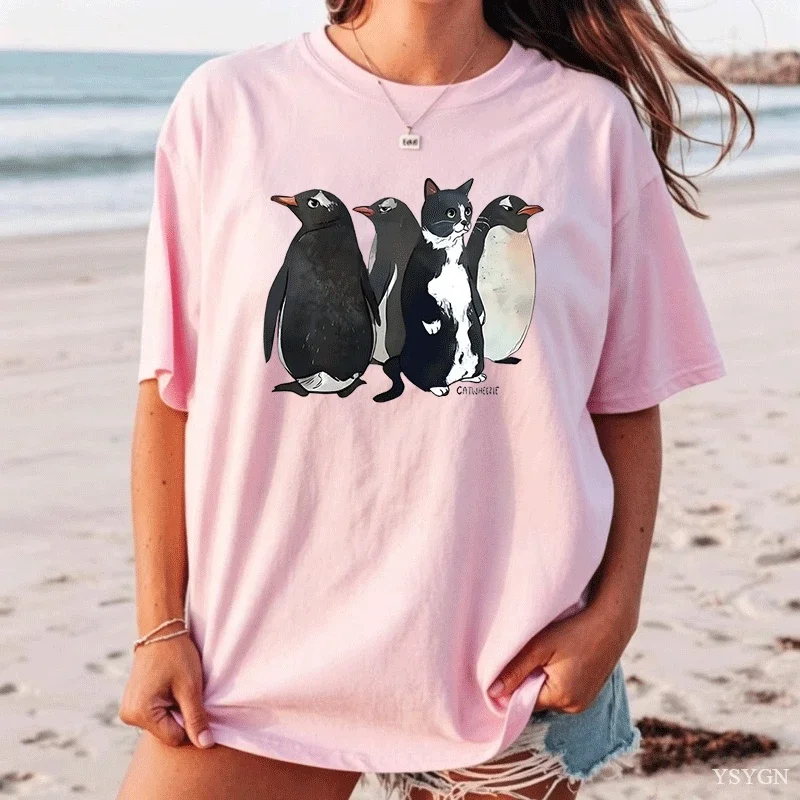 Funny Penguin Graphic T Shirts Cat Printed Tshirt Men Women Loose Cotton Short Sleeve Tshirts Summer Round Neck Short Sleeve Tee