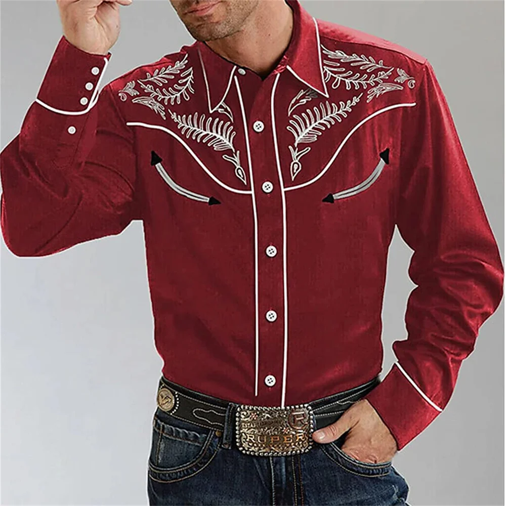 Men\'s Western style shirt, musical instrument pattern, street long sleeved button print, fashionable sports street clothing