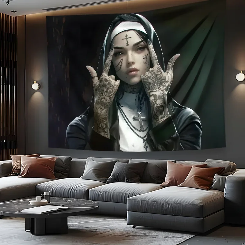 Gothic nun tapestry with cross tattoo design, beautiful bedroom and living room decorative wall hanging 150x 230cm tapestry