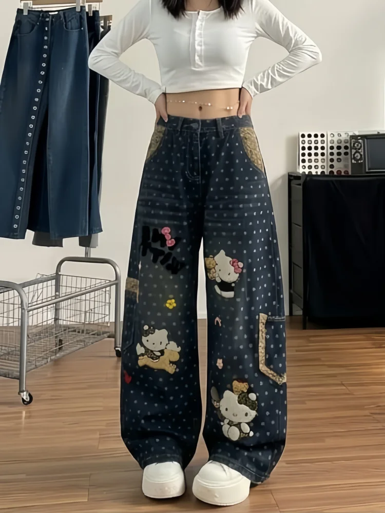 

Джинсы с вышивкой и высокой талией, широкие штанины, женские повседневные весенние джинсовые брюки в горошек, уличный стиль, свободный крой, маленькие размеры