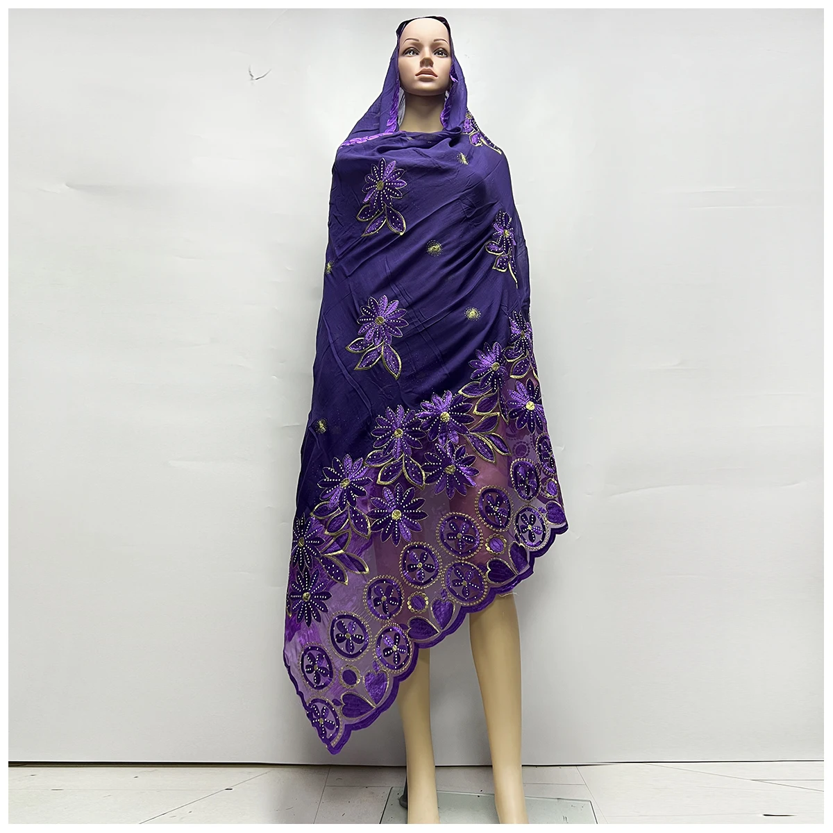 2024 vendita calda moda musulmana donne africane Dubai sciarpa di grandi dimensioni ricamo cotone splicing con rete donne Hijab sciarpa 220*105