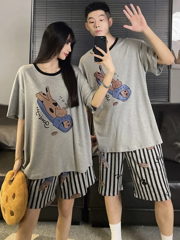 

Couple's Summer ort Sve Silk Cotton Pajamas Cartoon Large Size Home Clothes Set for Men And Women Comfortable Knitted Co...