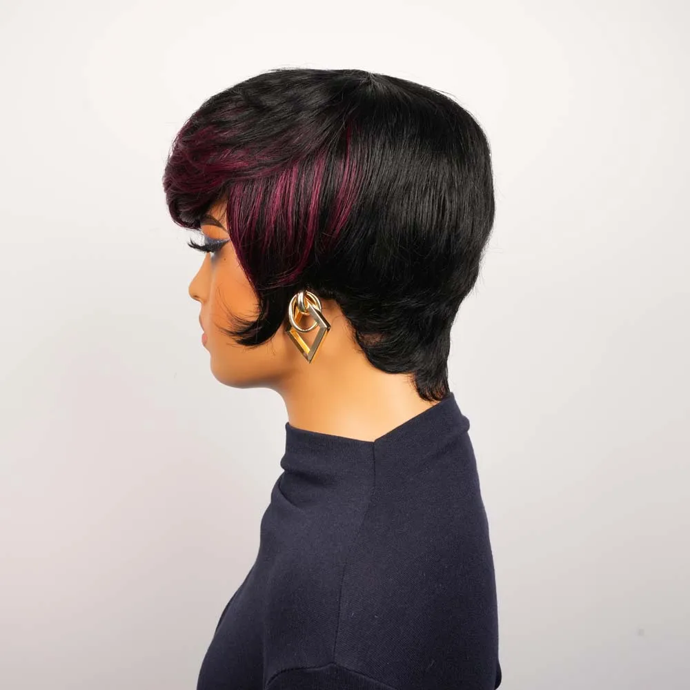 짧은 스트레이트 픽시컷 가발 버건디 색상 짧은 인모 가발 앞머리 포함 기계 제작 브라질 레미 인모 가발 흑인 여성용