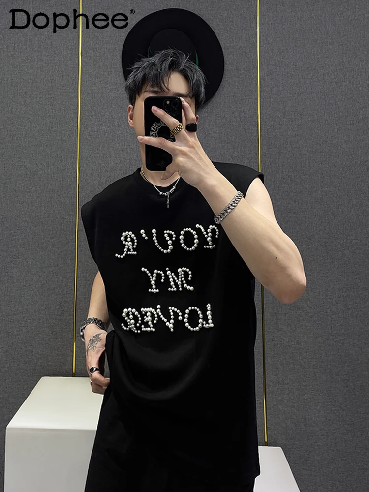 

Pearl Letter Design Vest Boys 2024 Summer Fashion Vest High-End Round Neck Loose Comfort Tank Top Men's Sleeveless Pullover Vest