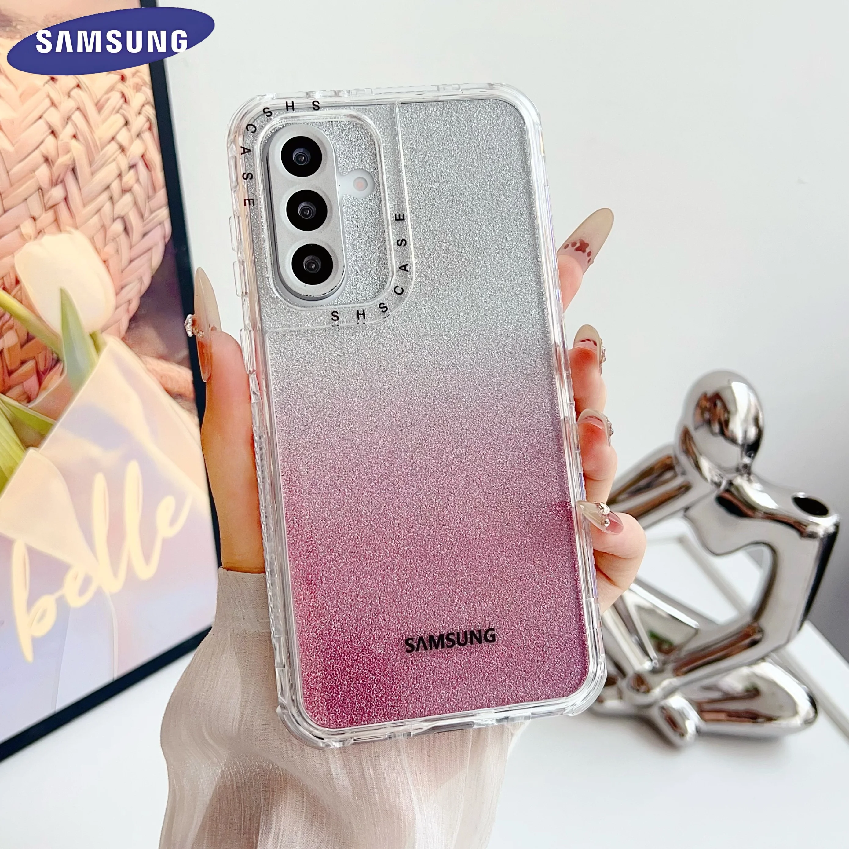 3 in 1 Bling Glitter Clear Shell Samsung Galaxy S25 S23 Ultra S24 S22 Plus S21FE A55 A35 A25 A15 A56 A14  A72 71 A52 A51 Case