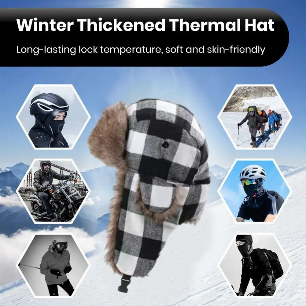 Ear Hat Stylish Plaid Hat with Thickened Ear for Men Women Warm Outdoor Winter Hat for Weather Trendy