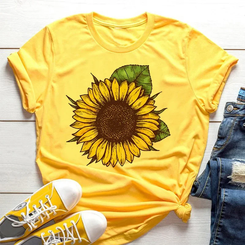 Sunflower Bee Yellow Women's T-shirt Aesthetic Pattern Short Sleeve Shirt Women Graphic T Shirts Summer Streetwear Fashion  Y2K